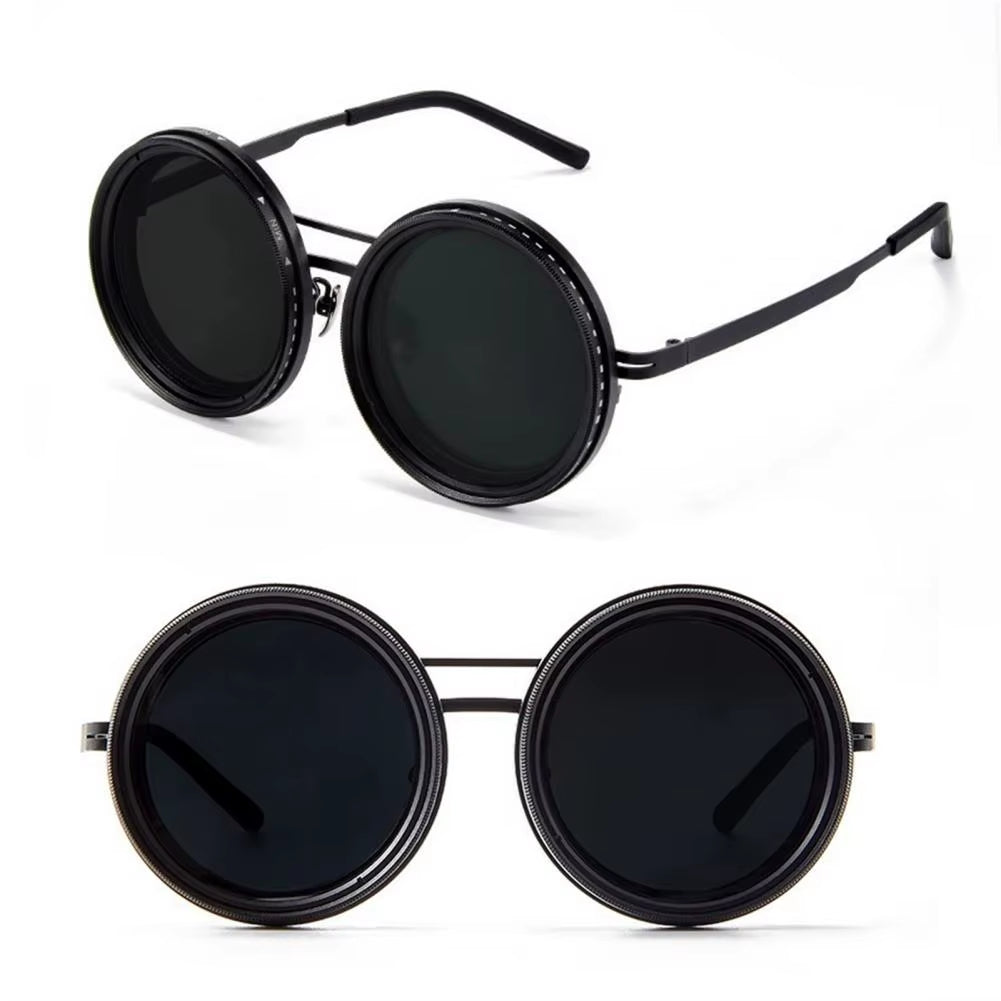 Stylish Rounded Polarized Glasses 1-9 Gears Adjustable Sunglasses with ND Filter Lenses Handcrafted Retro Glasses for Men Women